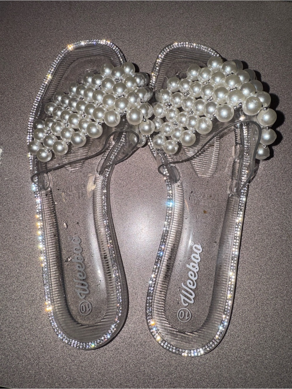 Weeboo Clear Slide Sandals with Pearl Cluster in White
